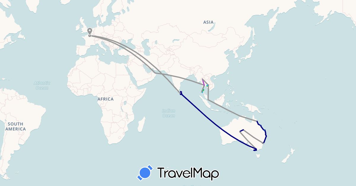 TravelMap itinerary: driving, bus, plane, train, boat in Australia, France, Cambodia, Sri Lanka, Oman, Singapore, Thailand (Asia, Europe, Oceania)